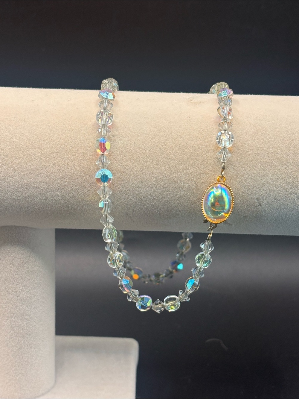Vintage AB Crystal Glass Necklace Iridescent Cabochon Slide Clasp 16" Unsigned